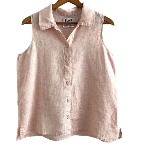 Flax Tops - FLAX Linen Sleeveless Top Size S Blouse button up Lagenlook minimalist Beachy